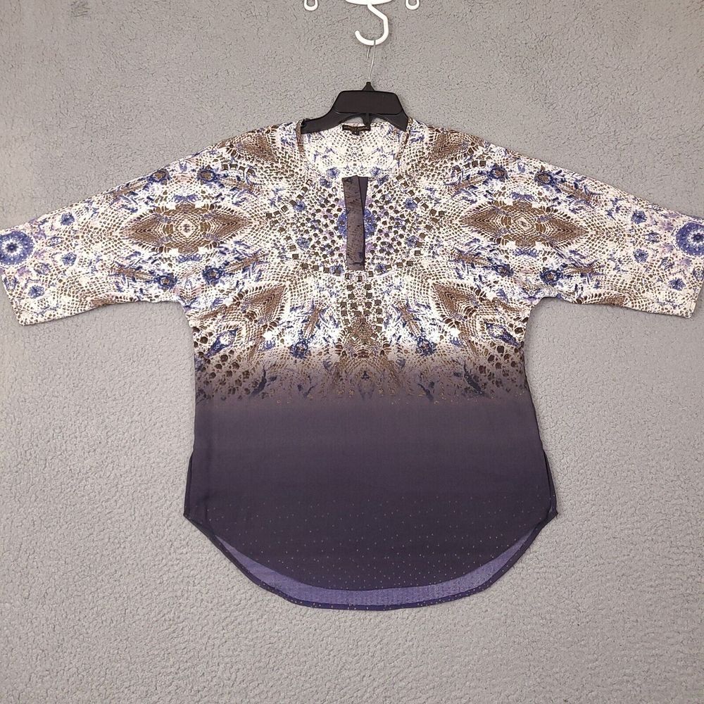 Alberto Makali Top Womens Small Short Sleeve Multi Print Blouse Rhinestone